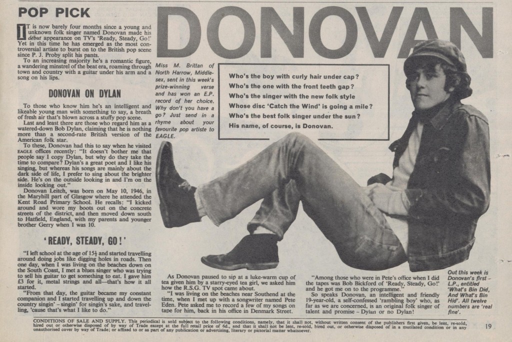 "Pop Pick" Donovan, as he appeared in Eagle Volume 16 Number 22, cover dated 29th May 1965.