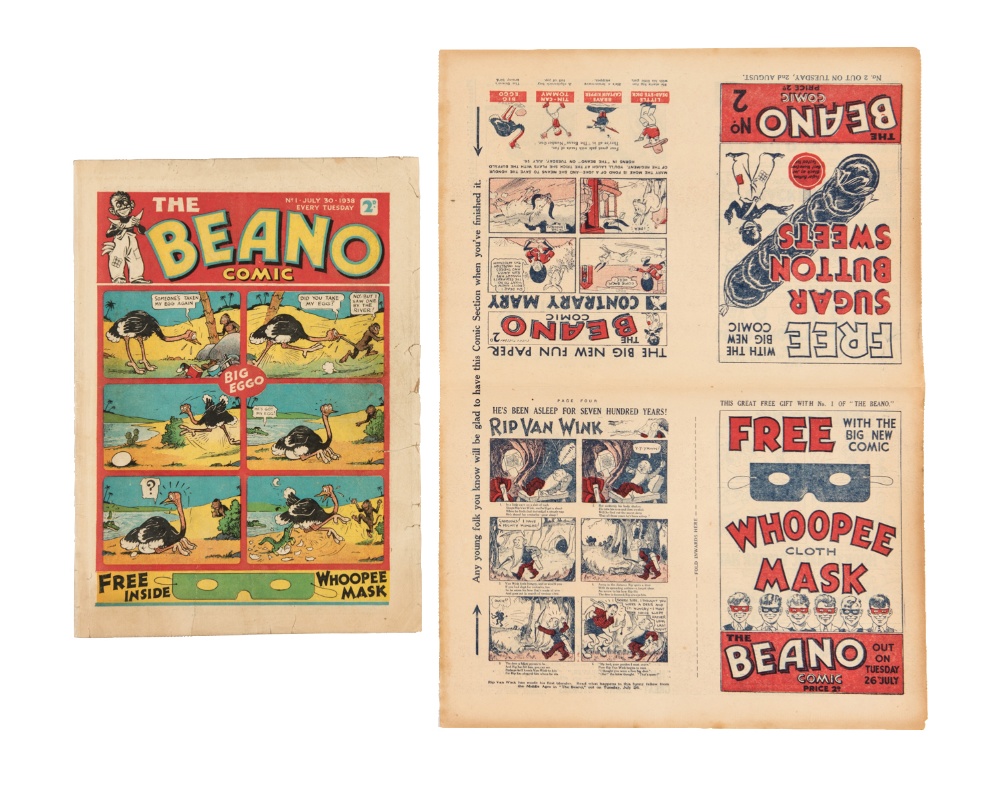 The first issue of The Beano, published in 1938, offered at auction with the original 4-page colour flyer for Beano Numbers 1 and 2. The Beano flyer has each character profiled with full page stories of Morgyn The Mighty, Rip Van Wink and Contrary Mary.