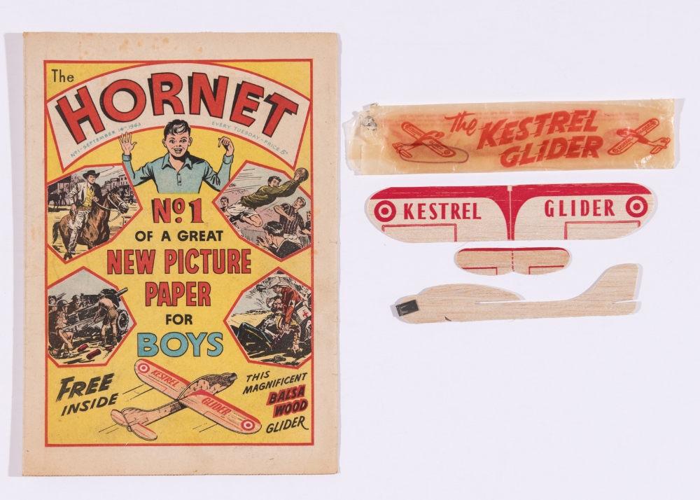 Hornet 1, published in 1963, with its free gift - a balsa wood Kestrel Glider. Starring Bouncing Briggs, The Miracle Man from Mars and Gibson of the Guns.