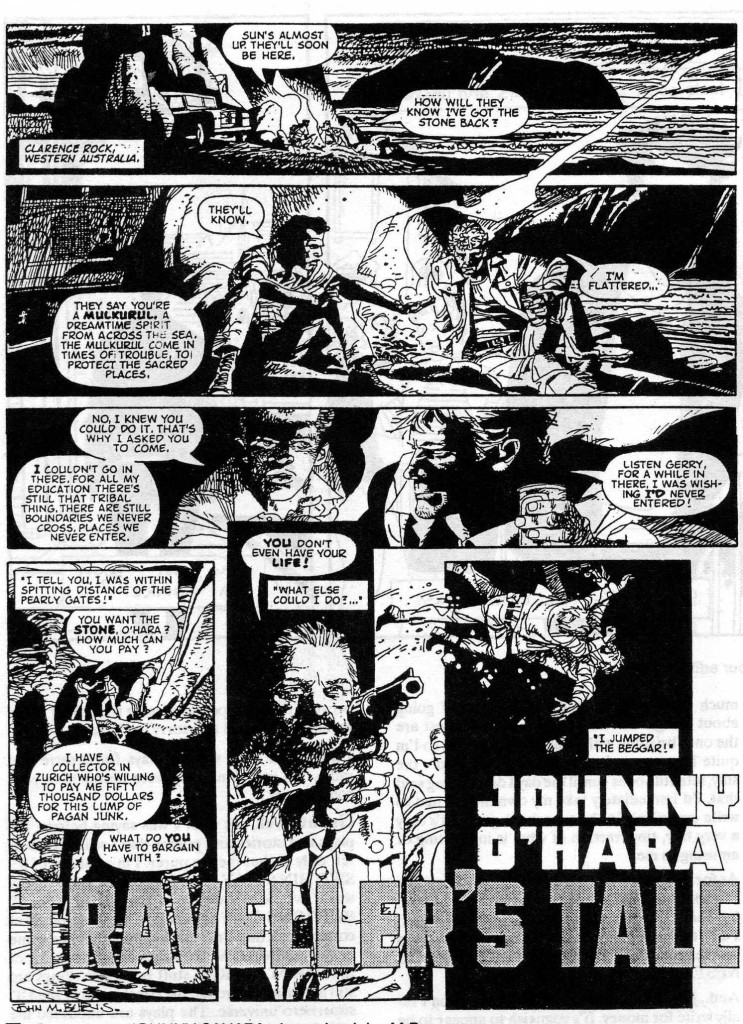 The opening page of a lost Grant Morrison and John M. Burns story, "Johnny O'Hara", intended for a fortnightly comic, Fantastic Adventure, that was dropped in favour of MASK by IPC/Fleetway.