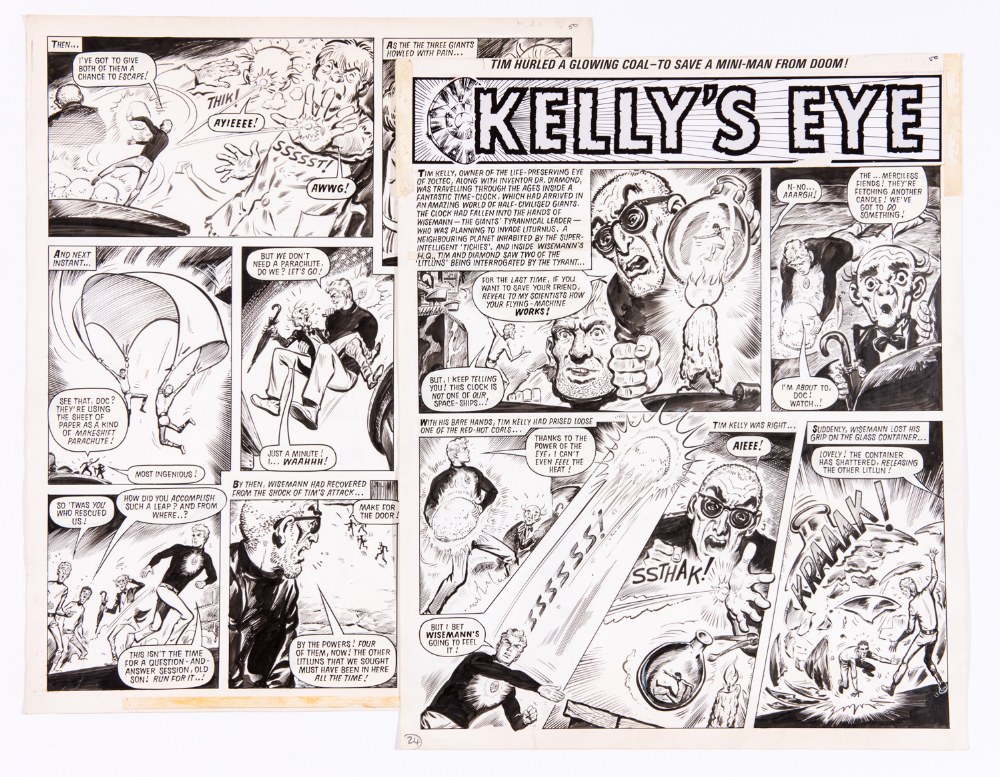 Kelly's Eye original double page artwork (1971) by Solano Lopez from Valiant, cover dated 18th August 1971. Tim Kelly with the Eye of Zoltec takes on Wisemann, a tyrannical leader of the half-civilised giants.
