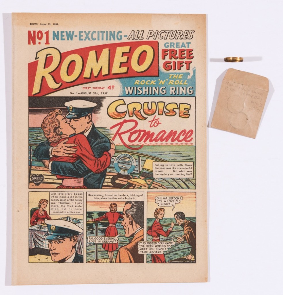 Romeo Issue 1, published in 1957 by DC Thomson, with its free gift - a Rock 'N' Roll Wishing Ring.