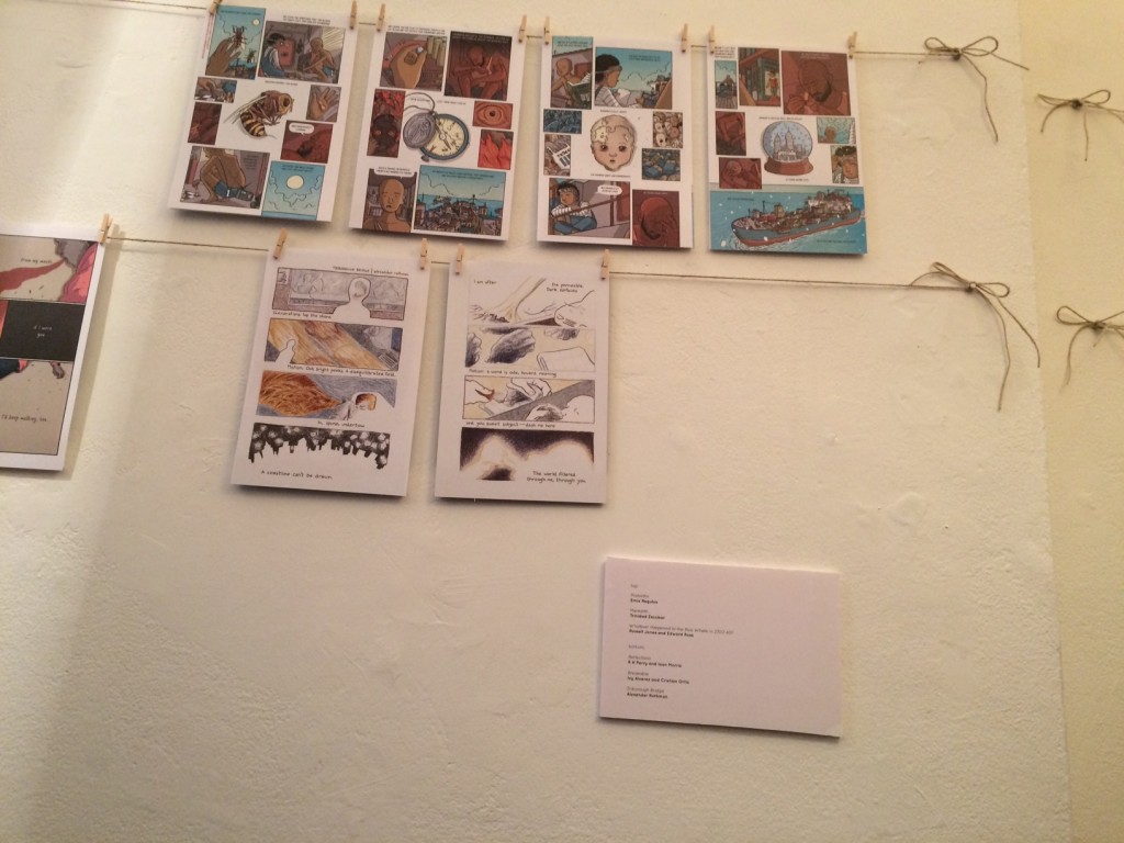 Artwork from Over the Line on display at the Poetry Cafe. The exhibition runs until the end of October 2015.