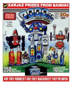 The Robo Machines first appeared in comics on the cover of 2000AD Prog 329, promoting a competition from Bandai. Cover by Kevin O'Neill.
