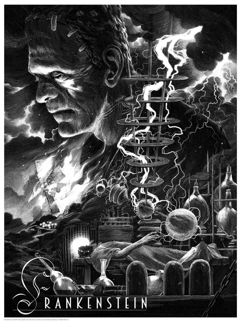Frankenstein print by Nicolas Delort. Image courtesy Dark Hall Mansion