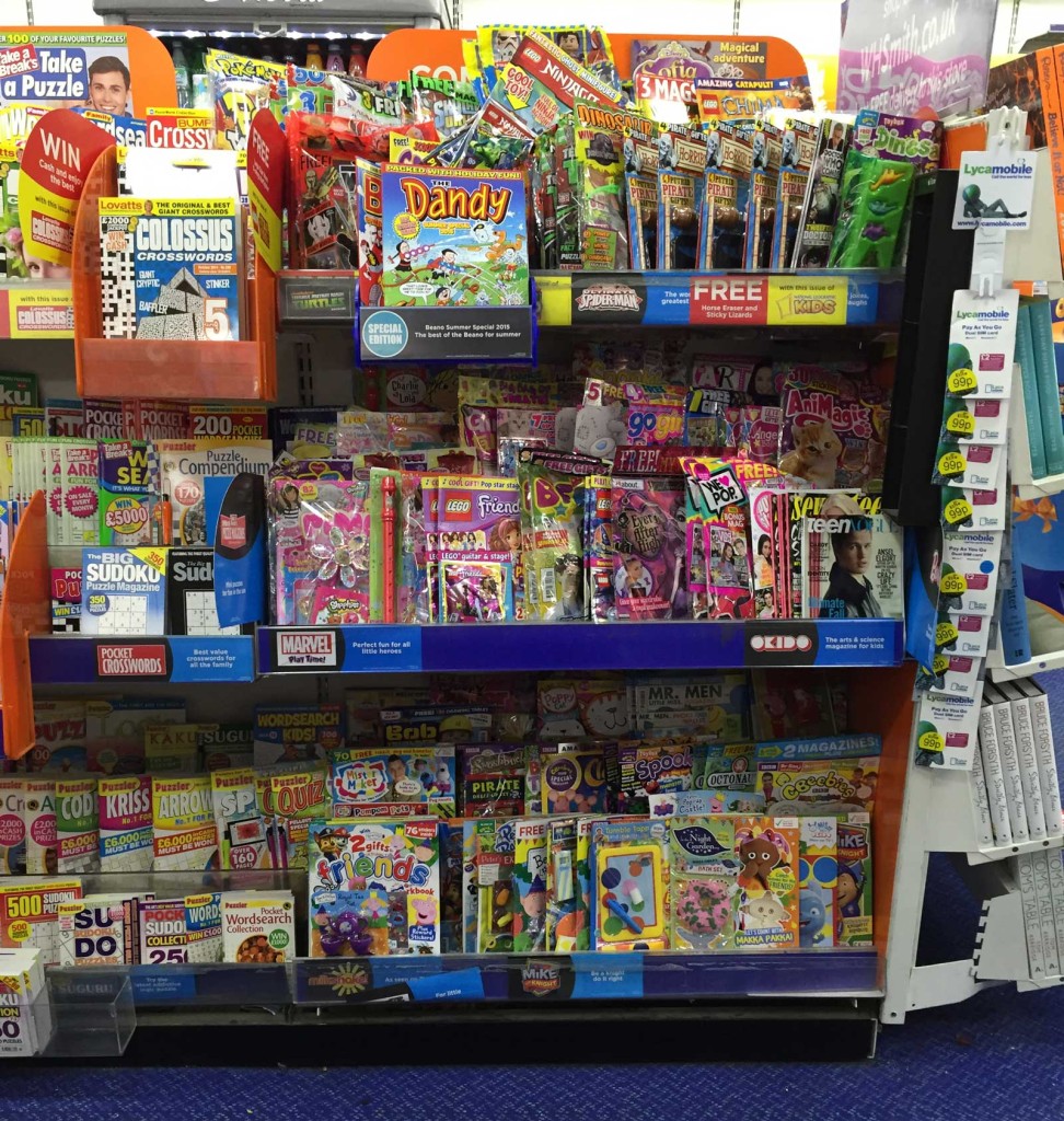 WH Smiths Lancaster's children's comics and magazine section, 29th September 2015.