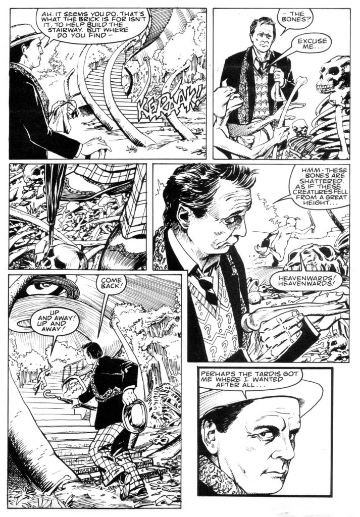 A page from the Doctor Who story Stairway to Heaven, plotted by Paul Cornell, art by Gerry Dolan, inked by Dave Elliott, credited as Rex Ward. The strip featured in Doctor Who Magazine Issue 156