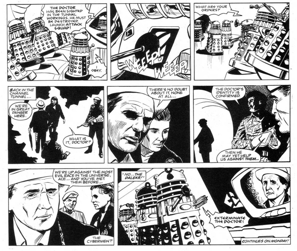 Some of Gerry Dolan's strip samples for a possible Doctor Who newspaper strip pitched to the Daily Express via DWM, inspired by a workshop at a Cardiff Doctor Who convention in the early 1990s.