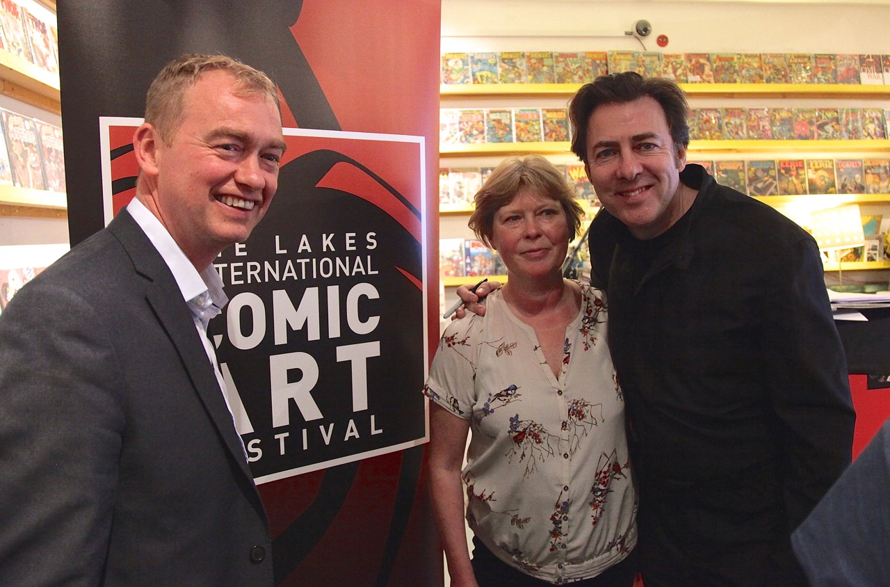 Liberal Democrat leader Tim Farron MP, Lakes Festival Director Julie Tait and Jonathan Ross at Orbital Comics last week. Photo courtesy Julie Tait