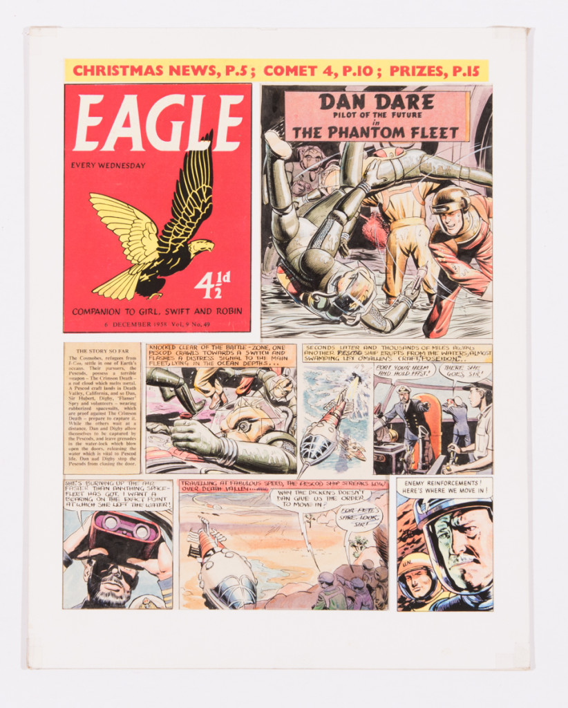 Dan Dare original artwork for Eagle Volume 9 No 49 (1958) by Don Harley. The small lower panel is a colour photocopy. These visuals were generally discarded once the finished artwork was completed and surviving pieces are rare. Notice the lower panel text 'for Pete's sake, look, sir!' was changed to 'Look, sir' in the final artwork (this board illustrated in Hawk Books No 8 'The Phantom Fleet') and the hand of editor the 'Rev' Marcus Morris may have been at play here. Watercolour on board. 14 x 14 ins