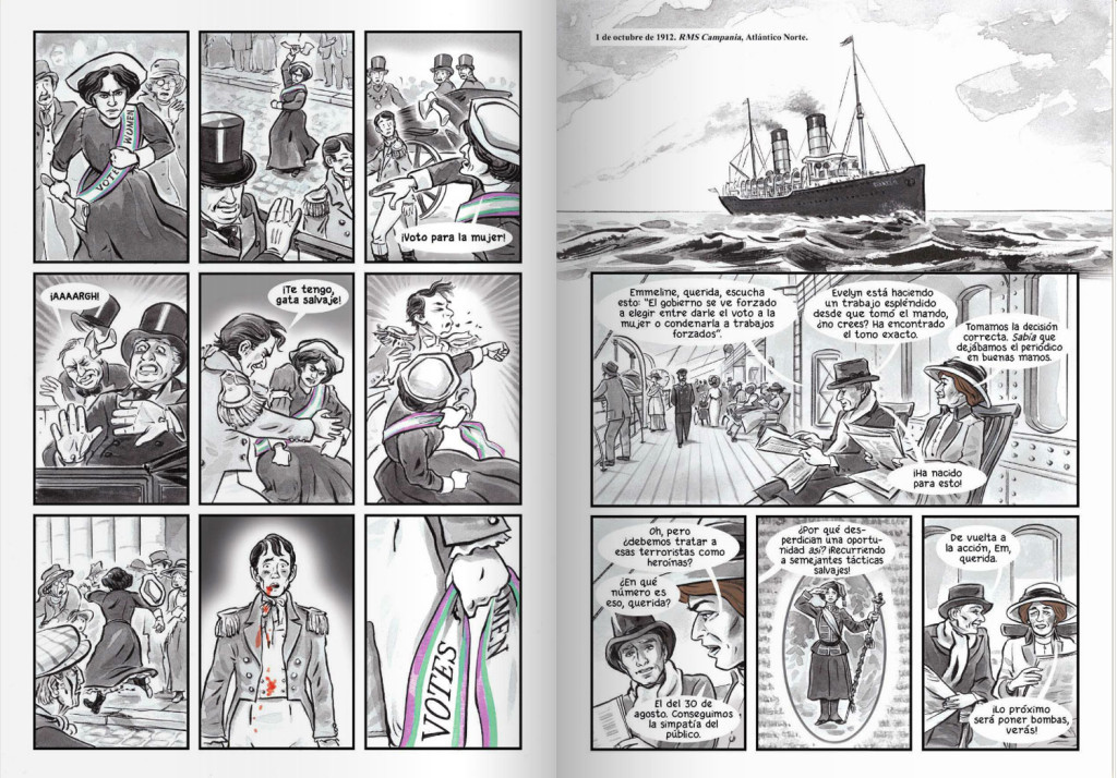 Sample art from the Spanish language version of Sally Heathcote Suffragette.