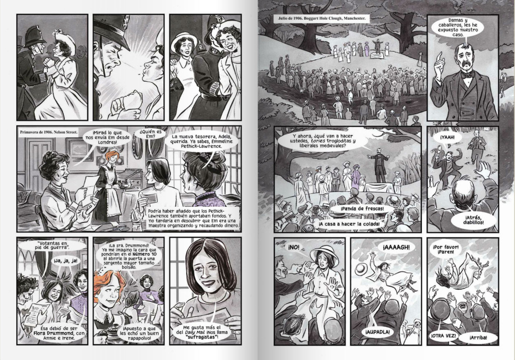 Sample art from the Spanish language version of Sally Heathcote Suffragette.