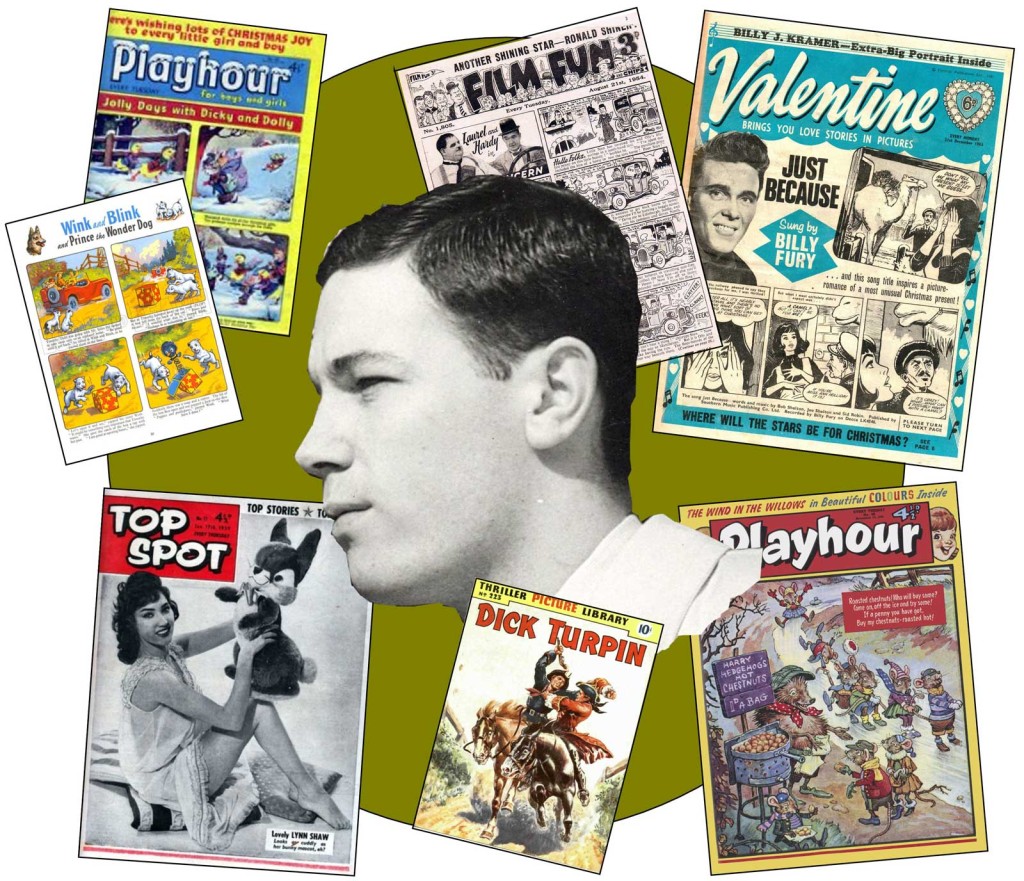 A young Brian Woodford and some of the Amalgamated Press titles that he worked upon between 1955 and 1962, including Top Spot