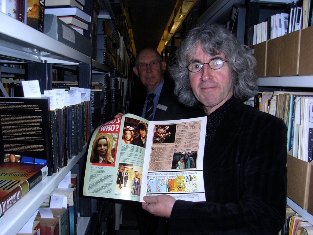 Way below Liverpool University is the Science Fiction Archive, which includes the archive of John Wyndham's work, including original manuscripts, and hundreds of thousands of neatly filed publications from the last few centuries. Jules Verne, HG Wells, Michael Moorcock - every big name in the Science Fiction field. Pictured here are Tim Quinn  (with a copy of Doctor Who Magazine his work featured in) with curator Andy Sawyer. Photo courtesy Tim Quinn