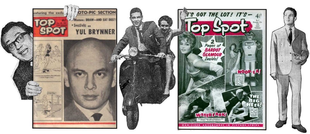 David Roberts and Brian Woodford with copies of Top Spot in its varying cover looks. Riding pillion on the motorbike is Eileen Earl (or Earle), who had been Leonard Matthews’ secretary up until the time Elizabeth Flower assumed that role. Montage by Roger Perry
