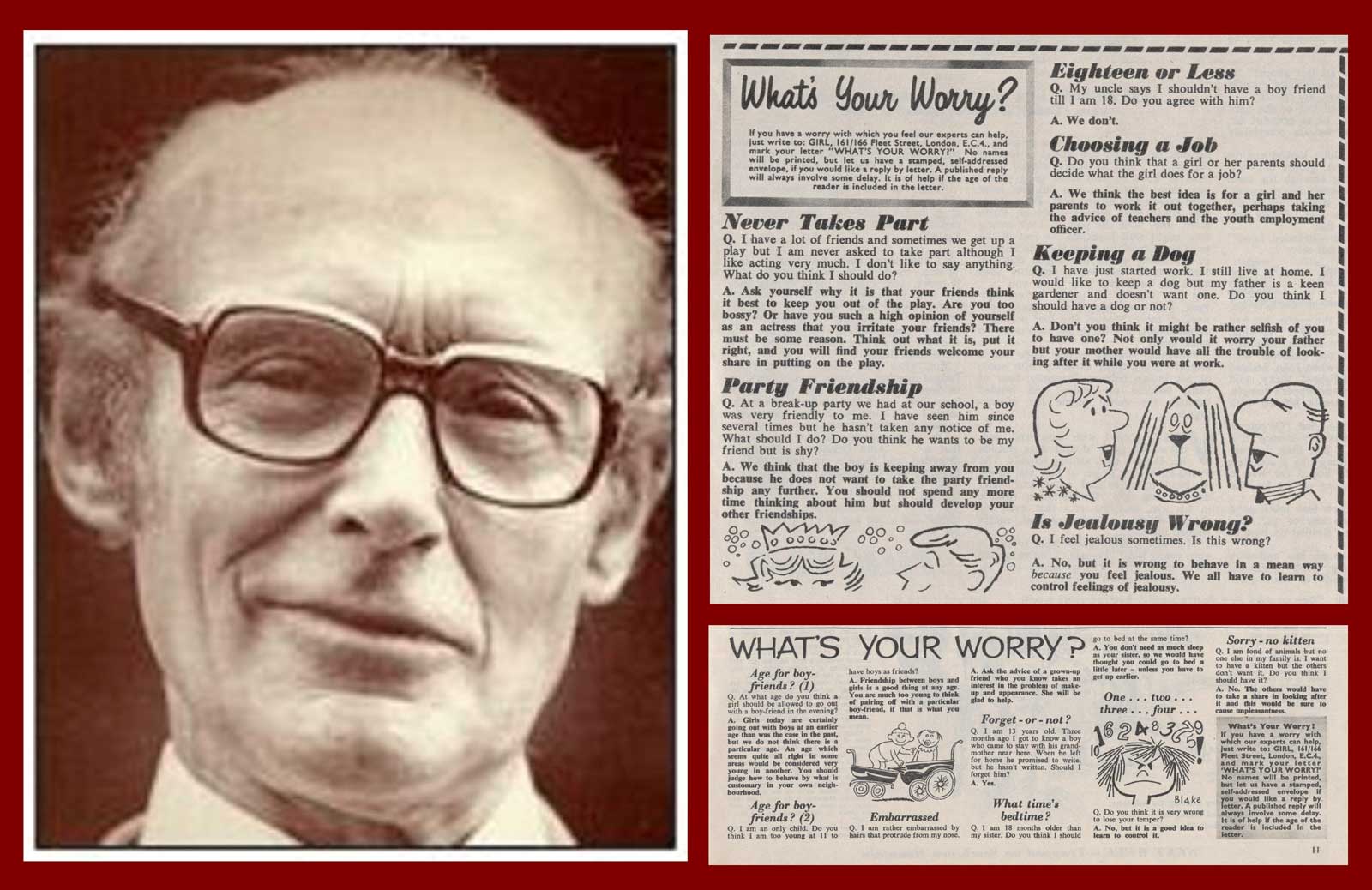 Doctor James Hemming and examples of the "What's Your Worry" problem pages that featured in Girl, with artwork by Brian Blake