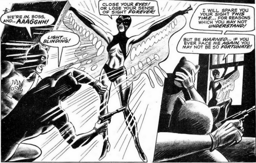 The Butterfly blinds her enemies in Hell-Rider #1, published in 1971. Now in the public domain, the character is considered the creation of Gary Friedrich, Ross Andru, & Mike Esposito (and, possibly, John Celardo and Rich Buckler) 