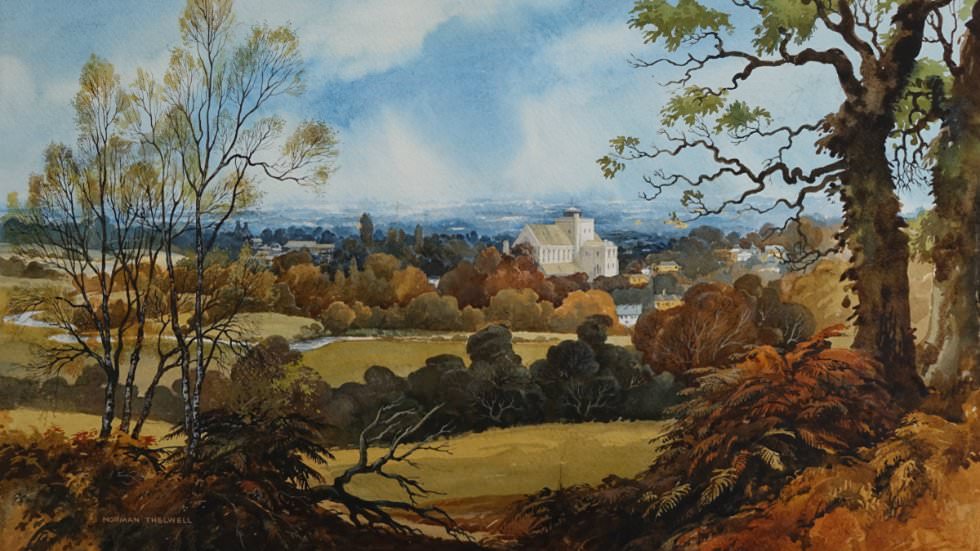 A view of Romsey Abbey in one of Thelwell's beautiful local landscapes 