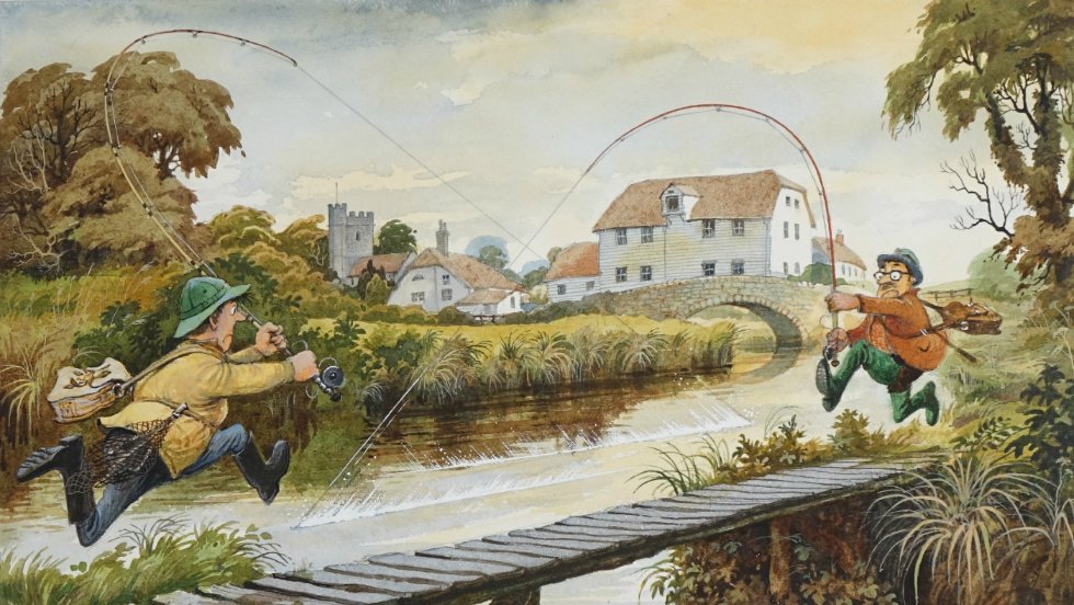 Two fishermen run at each other across a bridge in a cartoon by Norman Thelwell