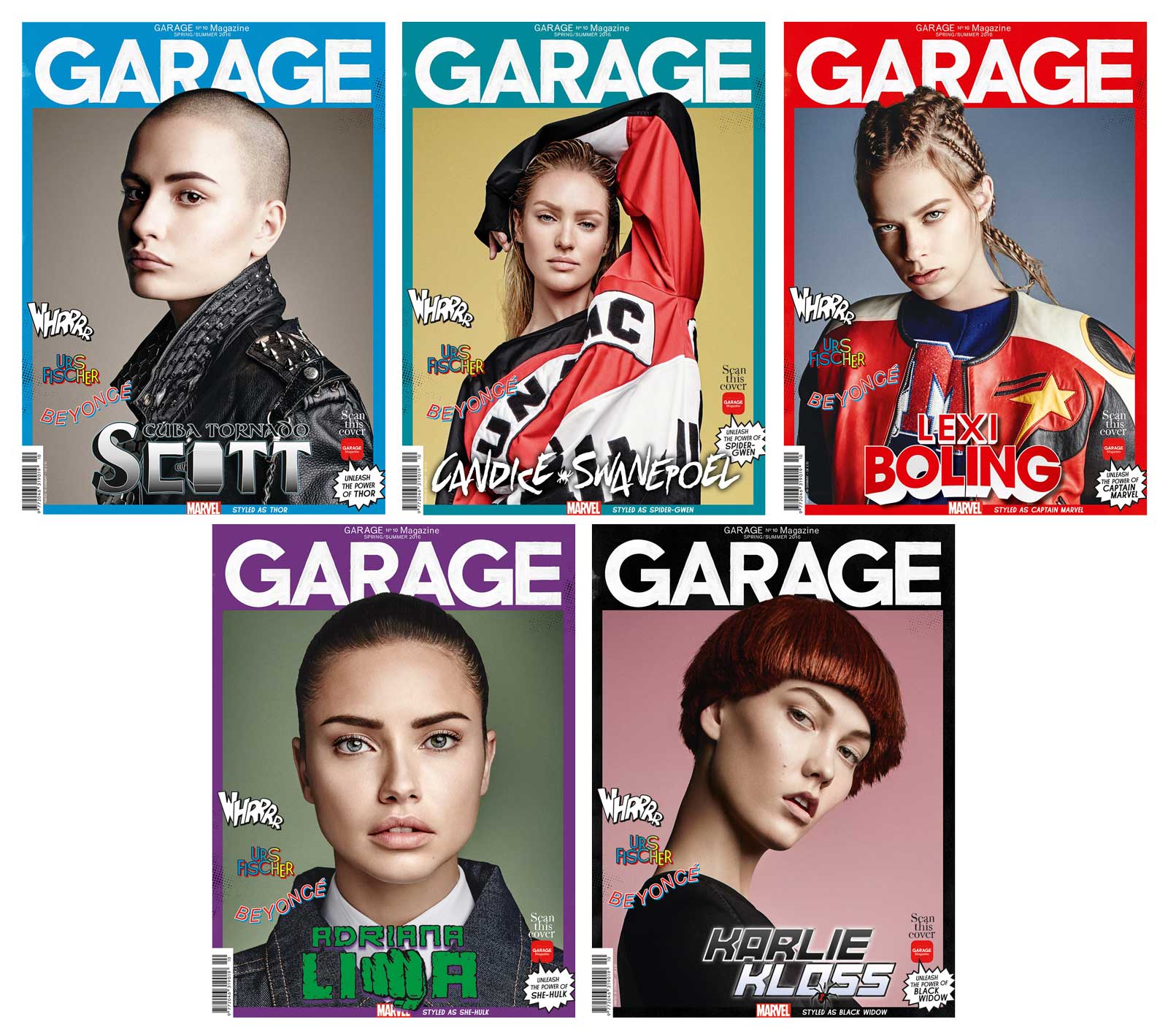 A montage of the Garage 10 covers featuring models Cuba Tornado Scott as Thor, Candice Swanepole as Spider-Gwen, Lexi Bowling as Captain Marvel, Adriana Lima as She-Hulk and Karlie Kloss as Black Widow.