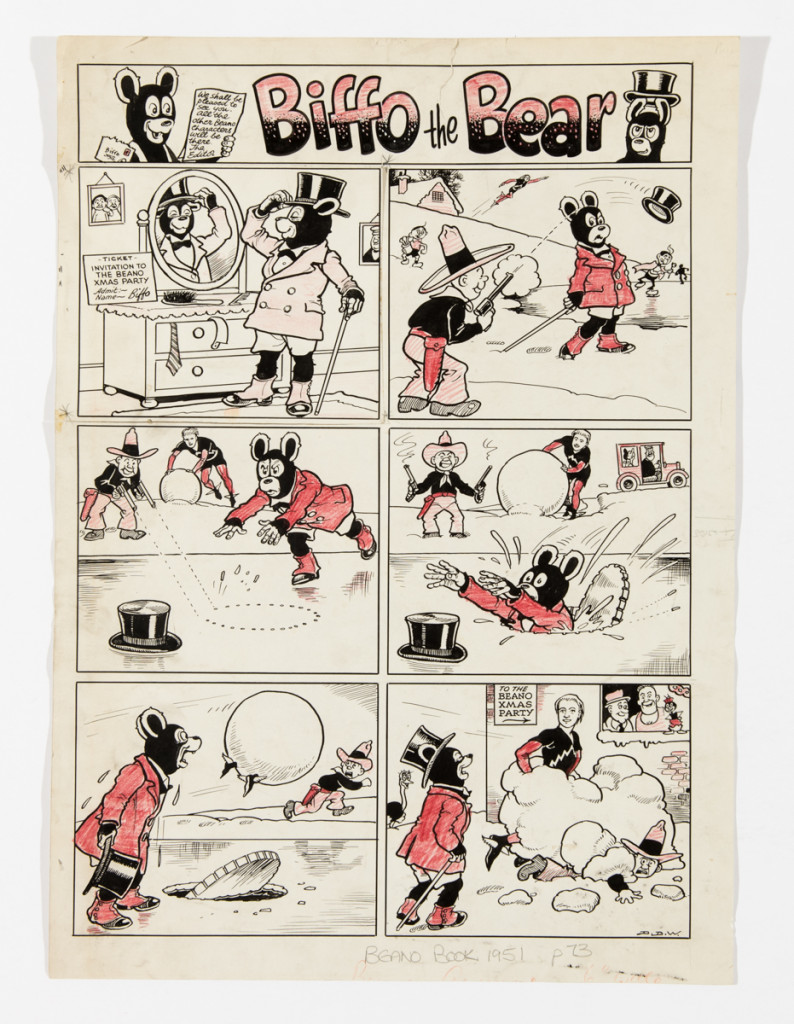 Biffo The Bear original Christmas artwork drawn and signed by Dudley Watkins (1954) from The Beano Book 1954. Biffo dresses up for the Beano Christmas party with Jack Flash, Maxi's Taxi, Snitchy and Snatchy, Big Eggo, Magic Lollipops, Tricky Dicky Ant and Little Dead-Eye Dick.