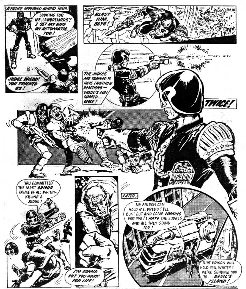 A page from Judge Dredd's first published appearance in 2000AD Prog 2 in 1977, drawn by Mick McMahon