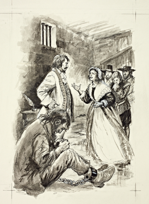 One of Shirley's drawings for "The Unremembered Inn". Author Max Harris tells me this depicts an actual event from real life – in the prison in Gloucester Castle on 16th June 1677. Mary Ellery is pleading to save the life of her husband William, imprisoned for debt. "I gave Shirley just a brief description of the events which took place in the prison cell on that day," says Max, "and was absolutely astounded at how accurately she interpreted the scene in William Ellery’s cell (including the rat!). "She was a most remarkable and gifted artist and it was a great privilege to have met her."