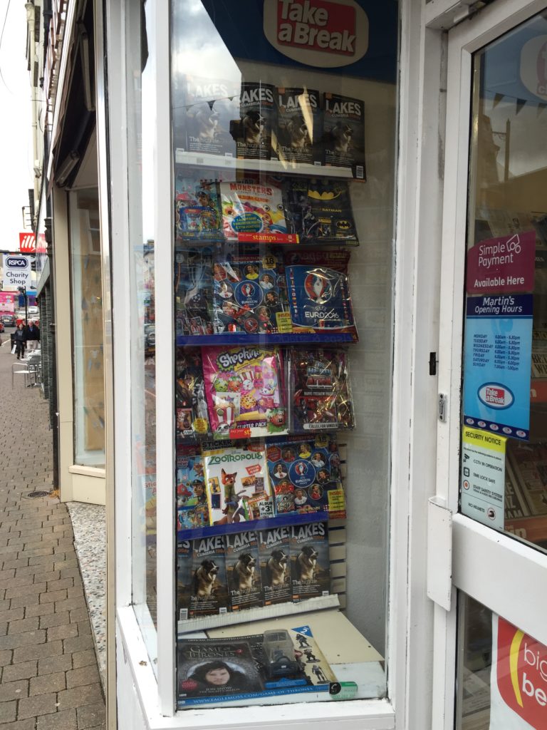 Martins, Kendal. Comics promoted in the window - as you'd perhaps expect for a 'Comics Town'. This picture was taken recently, well outside its Festival week.