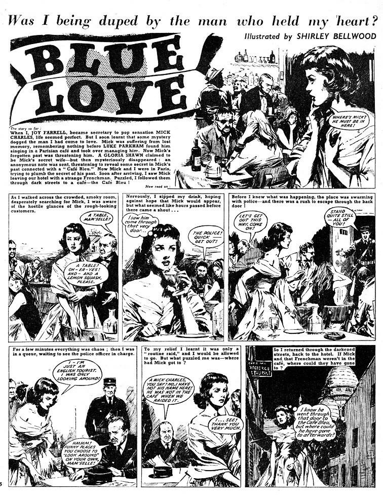 Early comic strip art by Shirley Bellwood from the C Arthur Pearson published in the romance digest, Glamour LIbrary.
