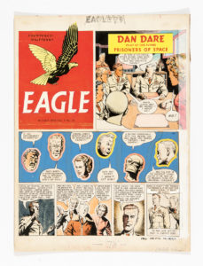 Dan Dare original front cover artwork by Desmond Walduck from The Eagle (1954) Vol 5: No 29. Dan Dare must challenge The Mekon to save Groupie and Flamer - The Prisoners of Space.