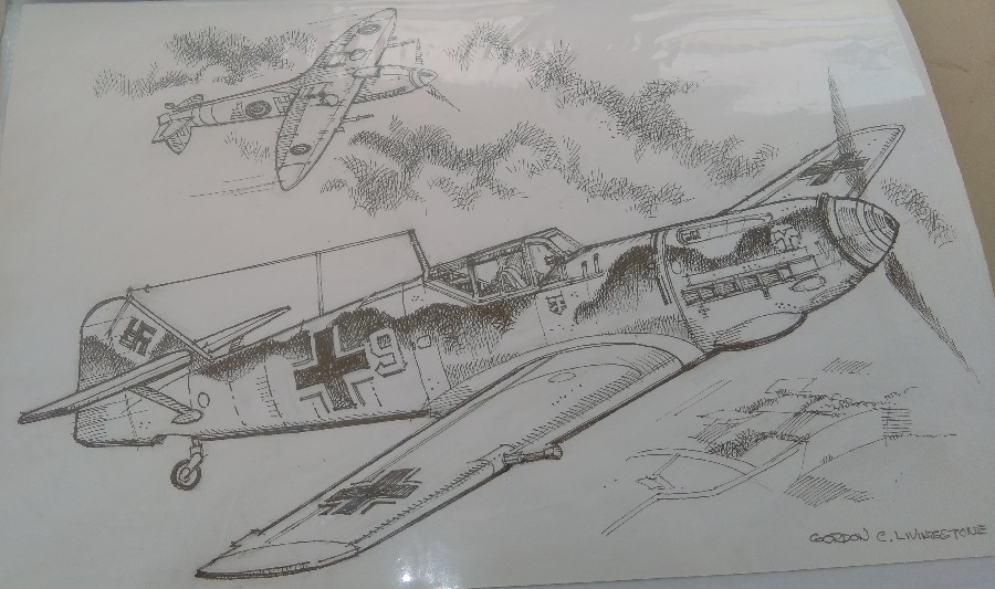 Messerschmit 109 vs Spitfire. Art by Gordon Livingstone