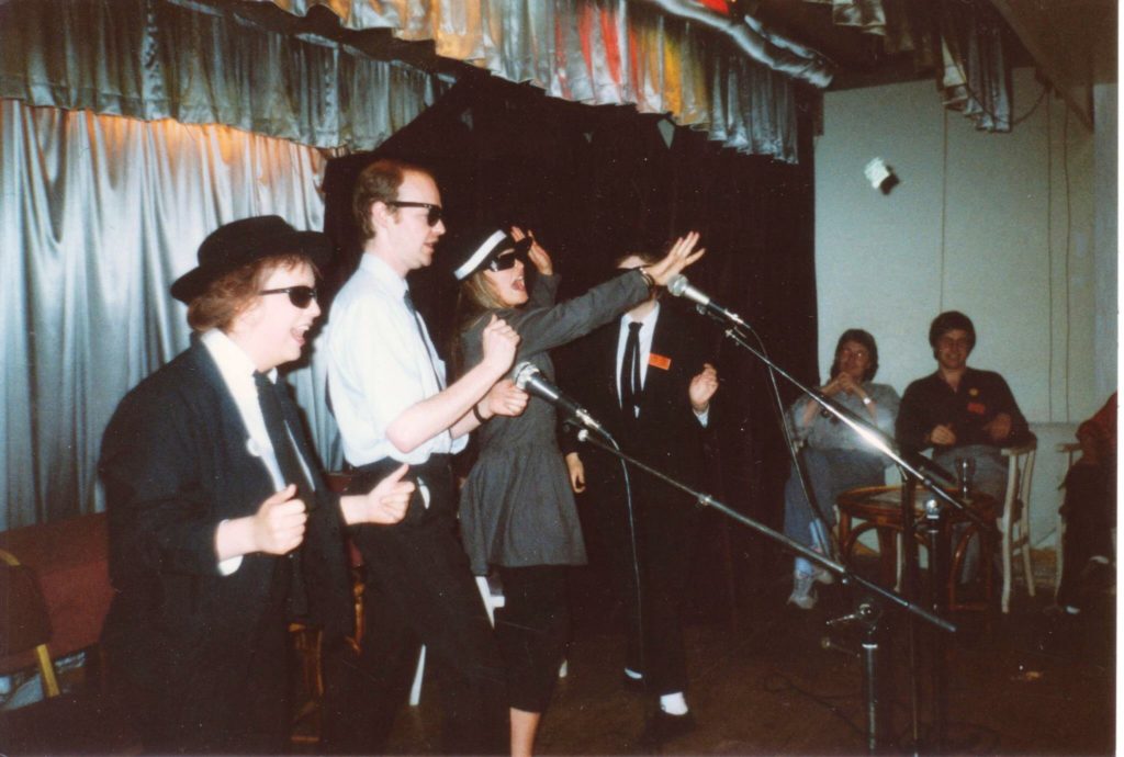 Heather Allen, me and Sophie Aldred as the 'Blues Brothers' at FALCON convention in Bath in the early 1990s. Yes, that's Paul Cornell in the background. Photo: Jean Riddler