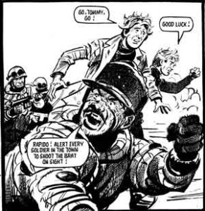 Schoolboy Tommy Baker confronts Argentinian soldiers when he is captured in Battle's Invasion!. Story by Terry Magee, art by Jim Watson. Battle © Rebellion Publishing Ltd.