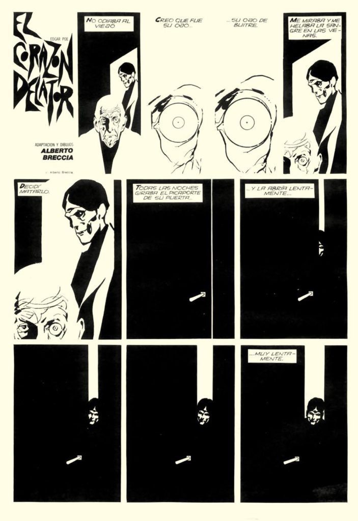 A page from Alberto Breccia's distinctive 1977 adaptation of Edgar Allan Poe's story "Tell Tale Heart"