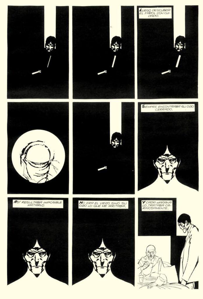 A page from Alberto Breccia's distinctive 1977 adaptation of Edgar Allan Poe's story "Tell Tale Heart"