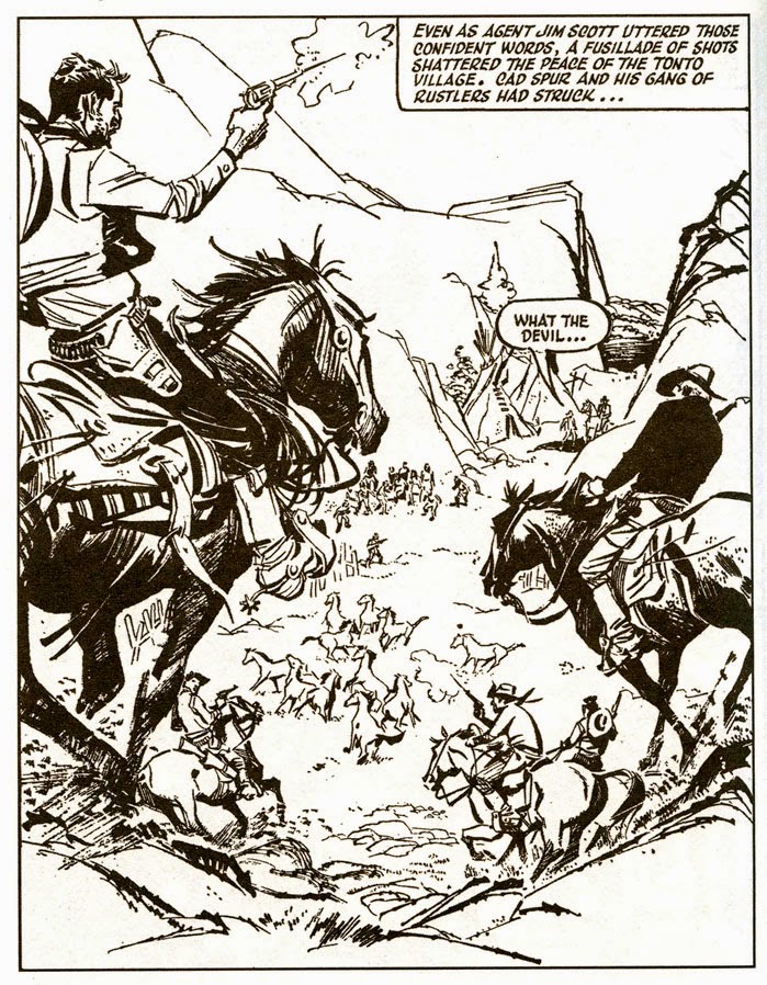 A dramatic full page image from Cowboy Comics Library No. 402 (May 1961), " Buck Jones: Apache Manhunt", drawn by Alberto Breccia