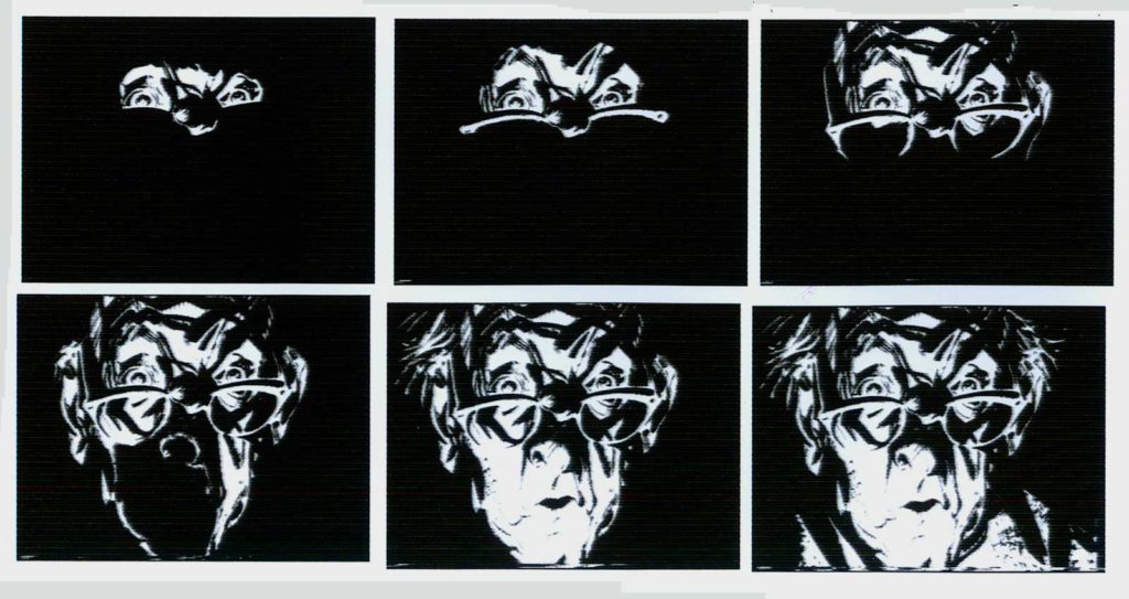 These frames featuring "Mort Cinder" are taken from the film Breccia: Maestro de fas Historiestas, in which some of his techniques were demonstrated for the camera, show clearly his use of razor blades to carve out white areas from a prepared black surface.