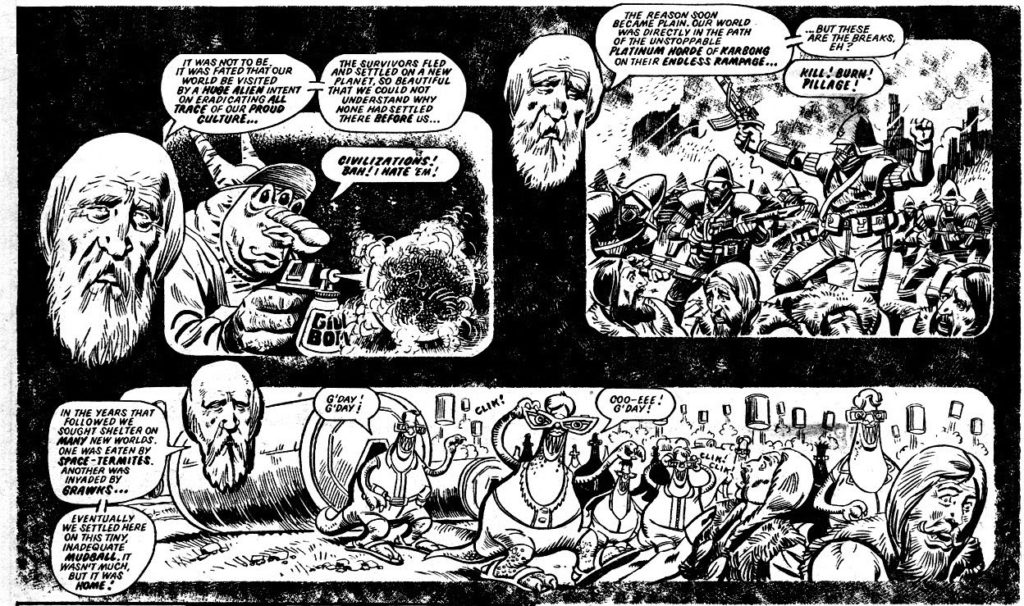 "The Double-Decker Dome Strikes Back," written by Alan Moore, art by Mike White, published in 2000AD Prog 237 in 1981