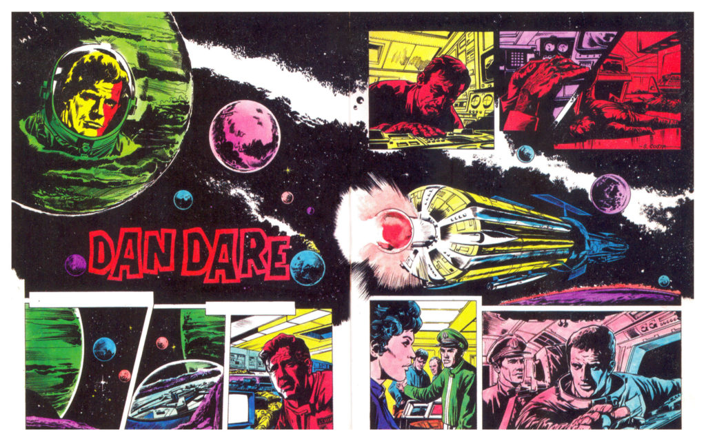 Some early Dan Dare test pages for 2000AD written by Ken Armstrong. Pat recalls an unidentified Argentine artist and Italian artists were commissioned to draw samples.