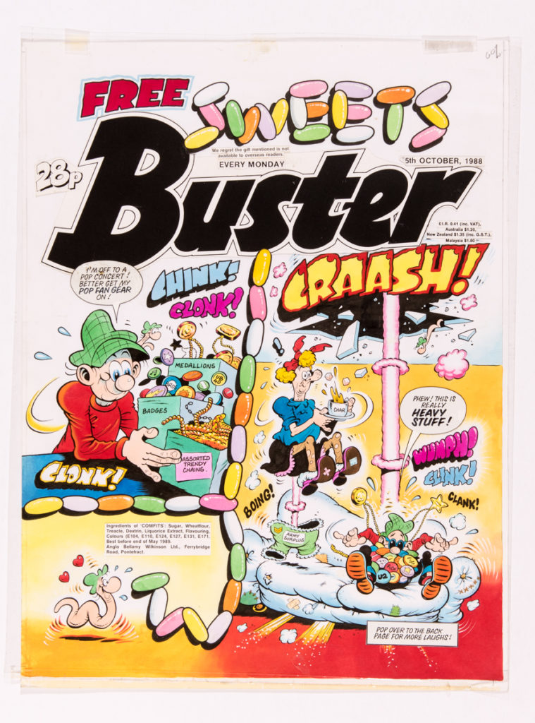 Buster comic original front cover artwork 15 Oct 1988 by Tom Paterson. With title and text on original acetate overlay. 20 x 15".