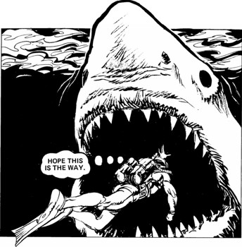 A classic scene from the original "Hook Jaw" strip in Action. Art by Ramon Sola