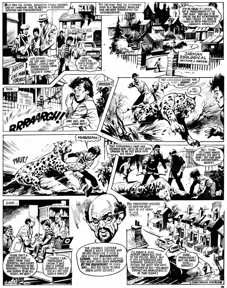A page from the first episode of "The Leopard of Lime Street", drawn by Mike Western, written by Tom Tully, first published in 1976