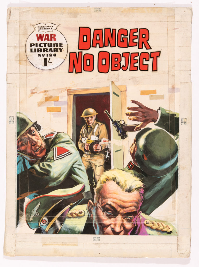 War Picture Library comic 184 original cover artwork 'Danger No Object' (1962) by Studio d'Ami Milan artist Nino Caroselli. With acetate lettering overlay. Poster colour on board. 17 x 12"