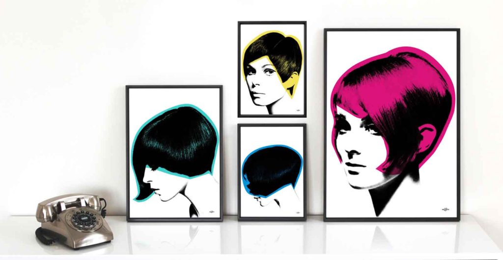 Group of pop art prints of iconic 1960s hairstyles, given Art & Hue’s stylish pop art treatment, part of the Mod Hair collection