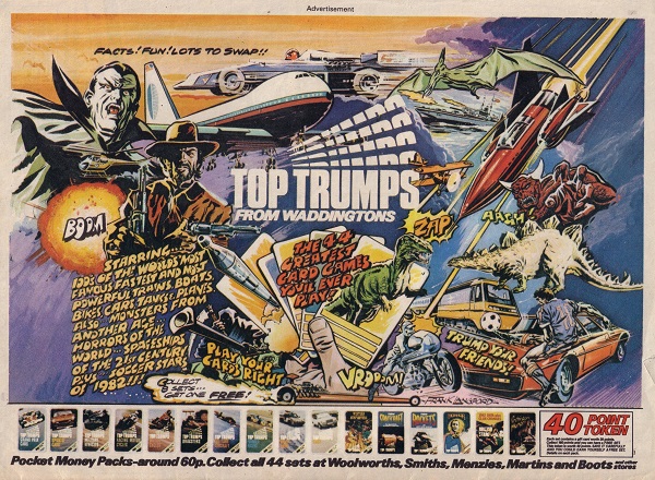 Top Trumps ad for Eagle cover dated 3rd July 1982 - art by Frank Langford