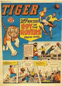 Front cover of Tiger (13 April 1963 edition), featuring Roy of the Rovers drawn by Paul Trevillion