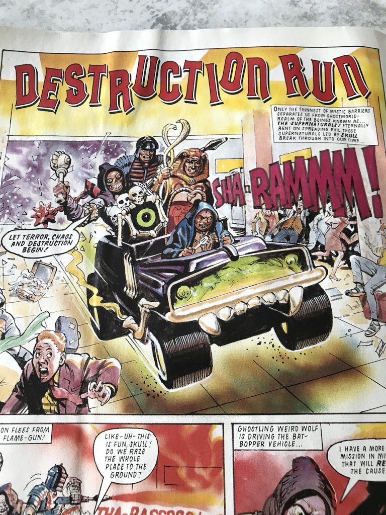 The opening page of "Destruction Run" from the Super Naturals Adventure Book, artist unknown