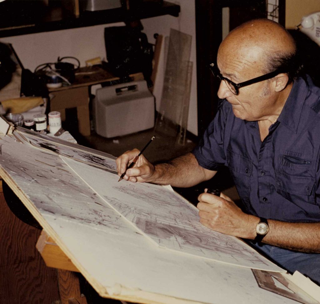 Will Eisner at his drawing board, circa 1985