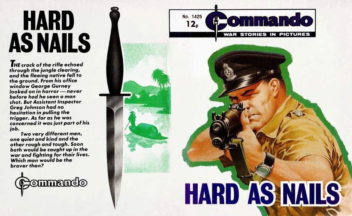 The full cover of Ian Kennedy's cover for Commando 1425, complete with Commando "dagger"