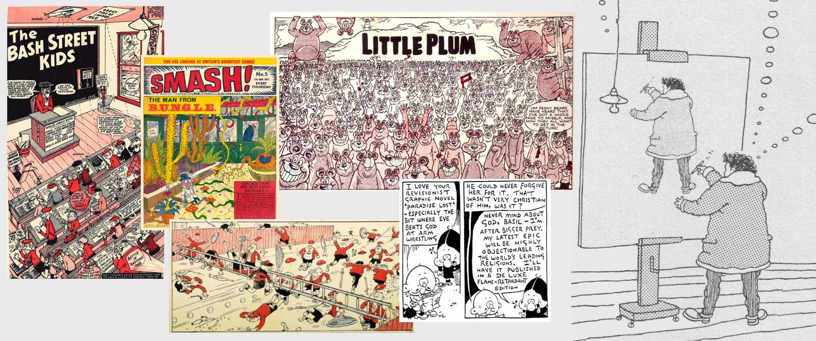 A montage of Leo Baxendale's work, including part of his self portrait